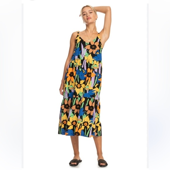 Roxy Waiting Line Bold Colors Midi Floral Boho Surfer Style Minimalist Dress - Picture 2 of 10